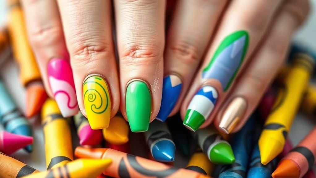 crayon inspired colorful nail art