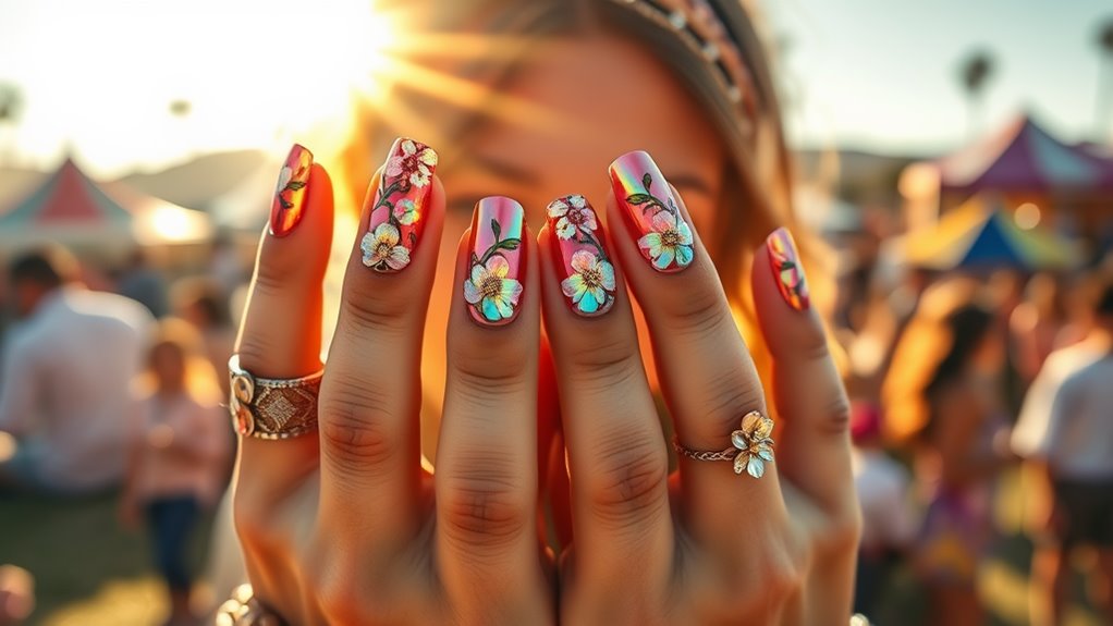 boho floral chrome nails